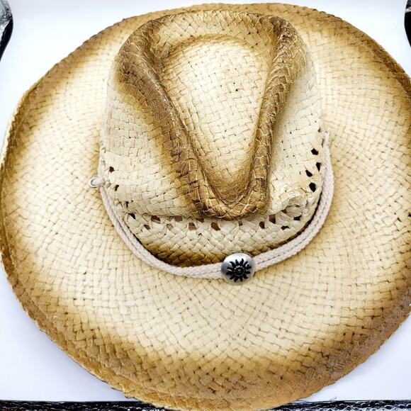 Rinco Western Cowgirl Medallion Tan Brown Straw Hat Youth Size 5 2009 Wide Brim - Picture 8 of 10